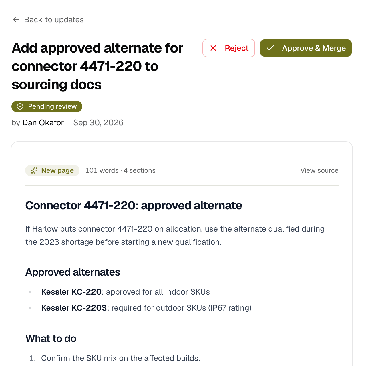 cuneify review screen: the new approved-alternate section for connector 4471-220, pending review, with Reject and Approve and Merge buttons.